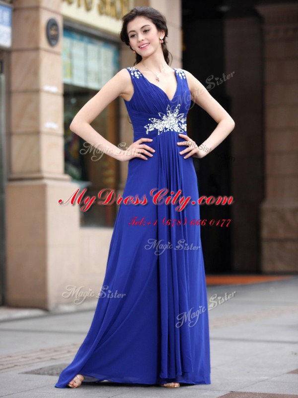 Sleeveless Floor Length Beading and Appliques and Ruching Zipper Dress for Prom with Blue