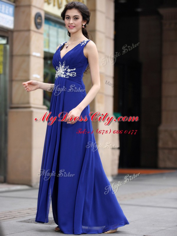 Sleeveless Floor Length Beading and Appliques and Ruching Zipper Dress for Prom with Blue