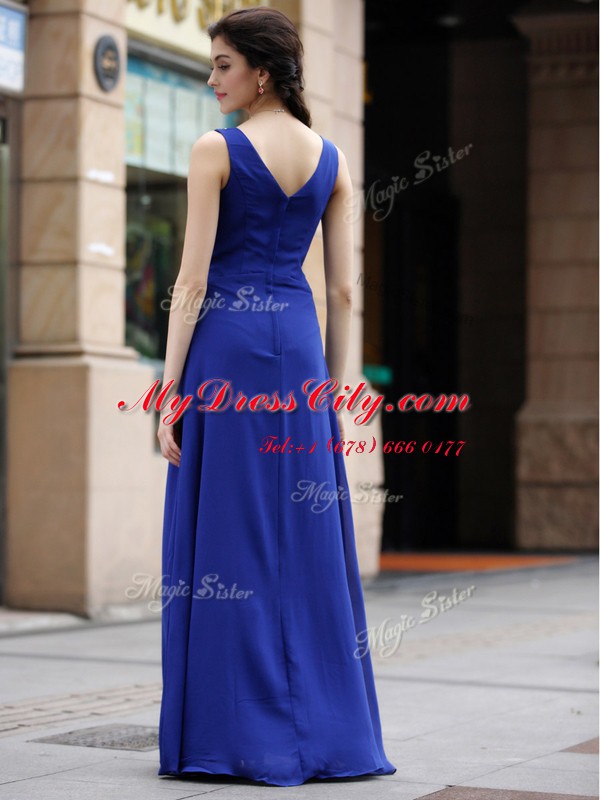 Sleeveless Floor Length Beading and Appliques and Ruching Zipper Dress for Prom with Blue