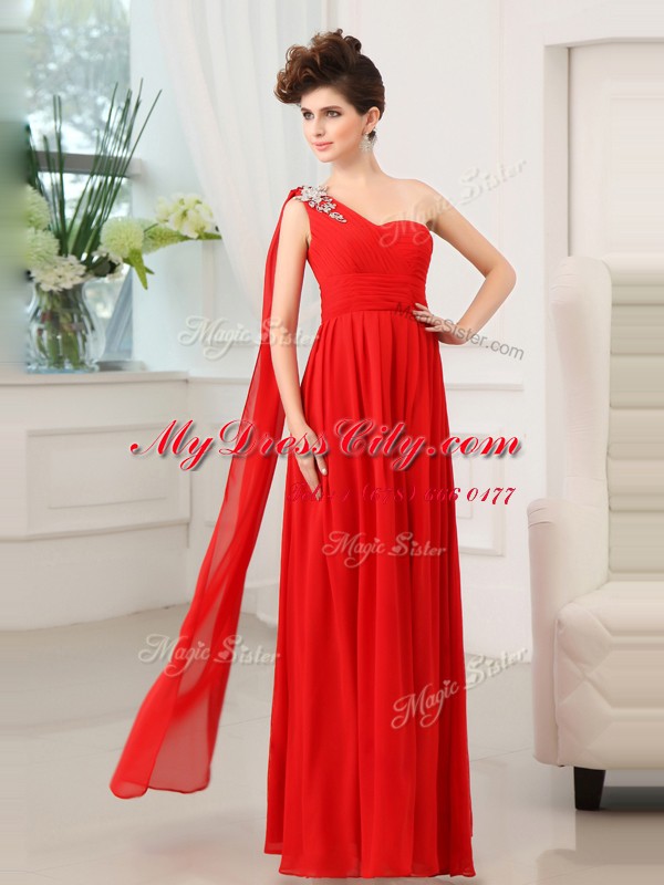 Red One Shoulder Zipper Beading and Sashes ribbons and Ruching Prom Party Dress Sleeveless