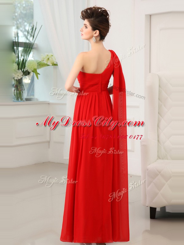 Red One Shoulder Zipper Beading and Sashes ribbons and Ruching Prom Party Dress Sleeveless