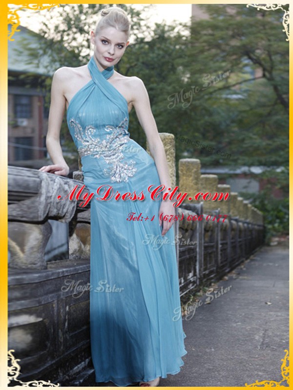 Light Blue Halter Top Zipper Appliques Dress for Prom Sleeveless