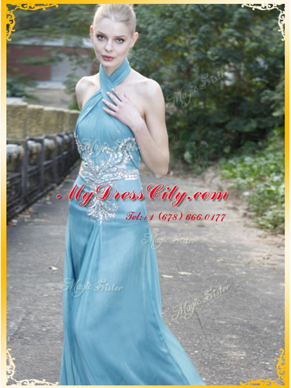 Light Blue Halter Top Zipper Appliques Dress for Prom Sleeveless