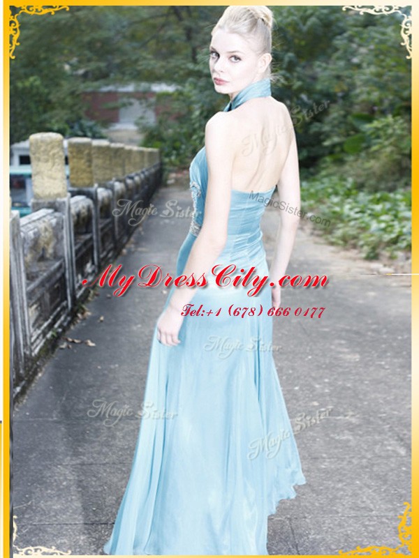 Light Blue Halter Top Zipper Appliques Dress for Prom Sleeveless