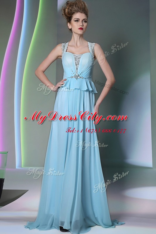 Elegant Scoop Sleeveless Chiffon Floor Length Zipper Prom Evening Gown in Light Blue with Beading