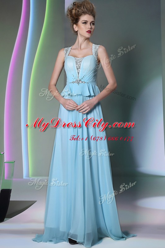 Elegant Scoop Sleeveless Chiffon Floor Length Zipper Prom Evening Gown in Light Blue with Beading