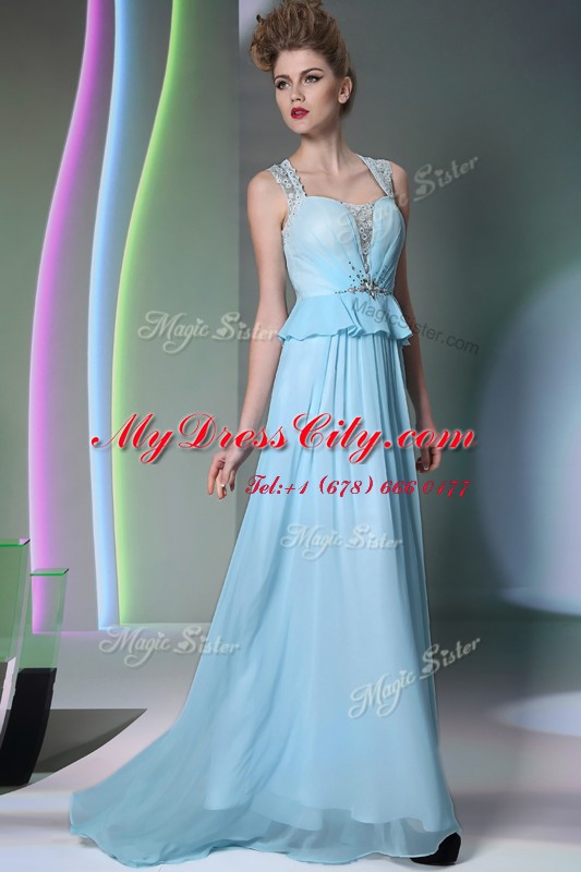 Elegant Scoop Sleeveless Chiffon Floor Length Zipper Prom Evening Gown in Light Blue with Beading