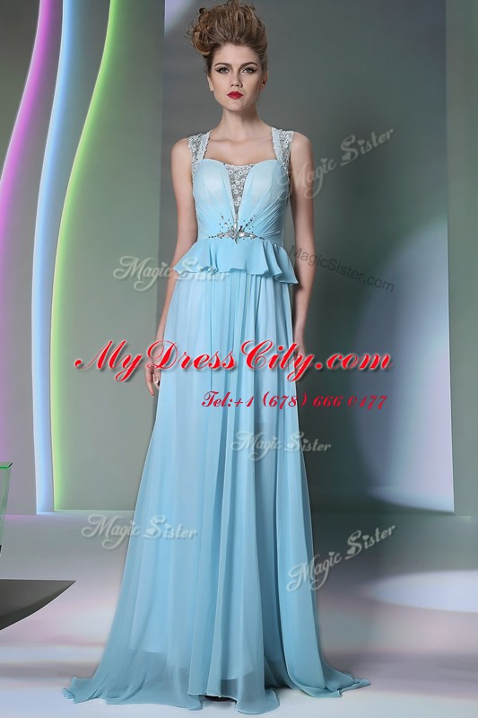 Elegant Scoop Sleeveless Chiffon Floor Length Zipper Prom Evening Gown in Light Blue with Beading