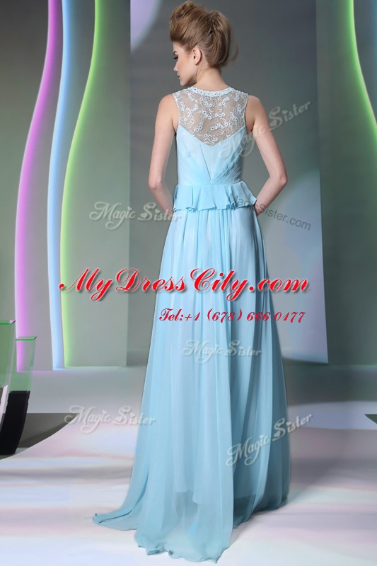 Elegant Scoop Sleeveless Chiffon Floor Length Zipper Prom Evening Gown in Light Blue with Beading