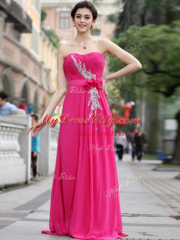 Hot Pink Zipper Sweetheart Beading and Hand Made Flower Prom Evening Gown Chiffon Sleeveless Brush Train