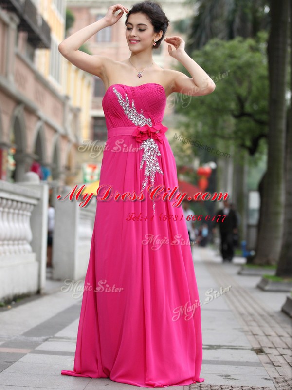 Hot Pink Zipper Sweetheart Beading and Hand Made Flower Prom Evening Gown Chiffon Sleeveless Brush Train