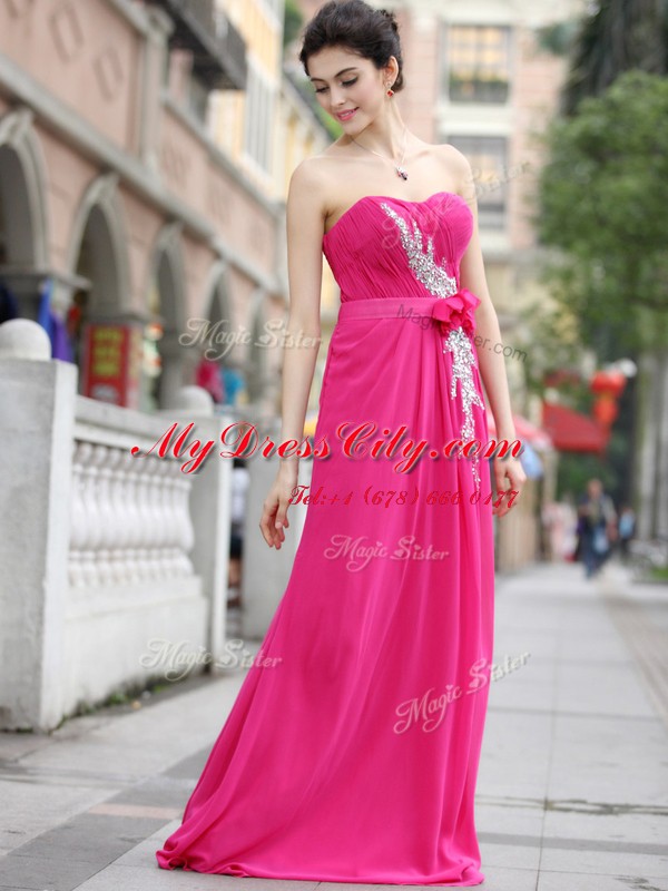 Hot Pink Zipper Sweetheart Beading and Hand Made Flower Prom Evening Gown Chiffon Sleeveless Brush Train