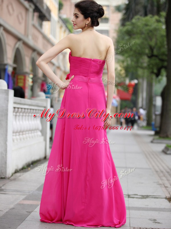 Hot Pink Zipper Sweetheart Beading and Hand Made Flower Prom Evening Gown Chiffon Sleeveless Brush Train