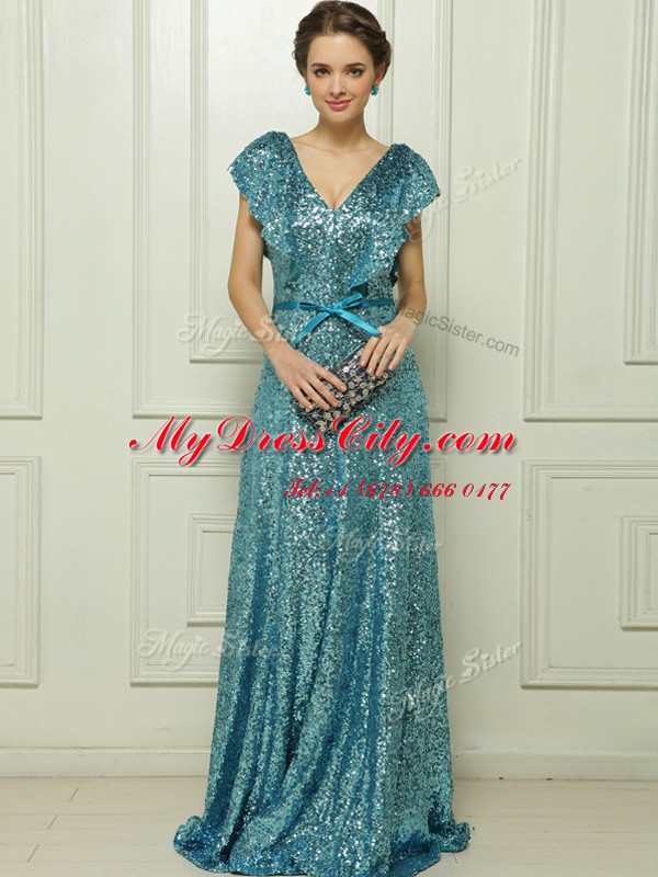 Stylish Sequins Teal Sleeveless Sequined Zipper Prom Dresses for Prom and Party