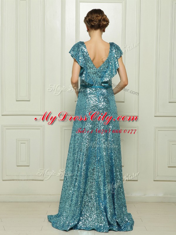 Stylish Sequins Teal Sleeveless Sequined Zipper Prom Dresses for Prom and Party