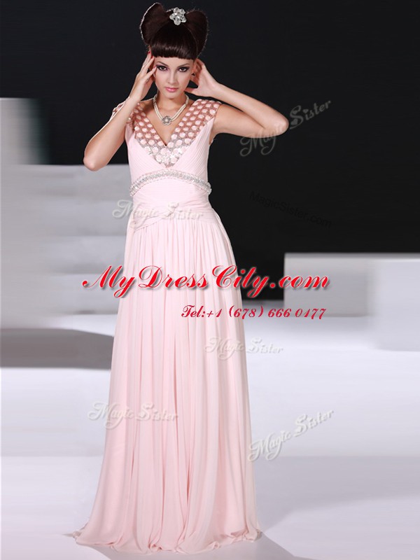 Traditional Baby Pink Column/Sheath V-neck Sleeveless Chiffon Floor Length Zipper Beading Prom Gown