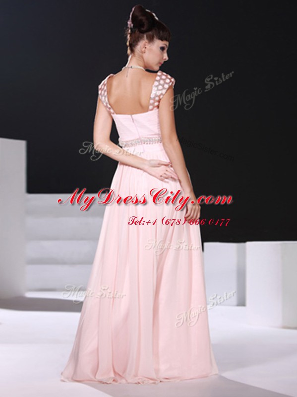 Traditional Baby Pink Column/Sheath V-neck Sleeveless Chiffon Floor Length Zipper Beading Prom Gown