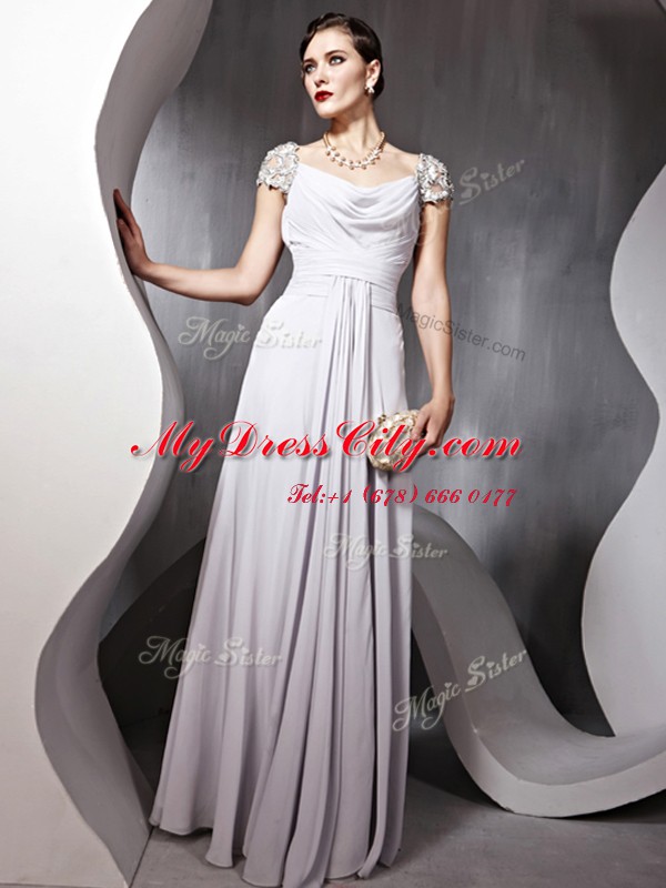 Fancy Cap Sleeves Floor Length Beading and Ruching Zipper Evening Dress with Silver