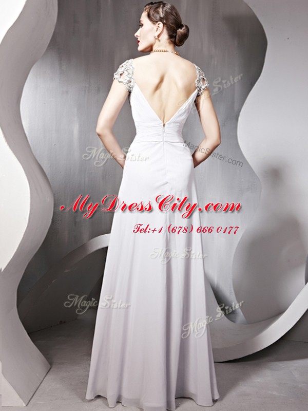 Fancy Cap Sleeves Floor Length Beading and Ruching Zipper Evening Dress with Silver