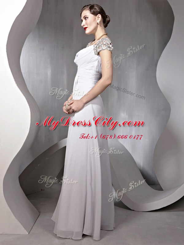 Fancy Cap Sleeves Floor Length Beading and Ruching Zipper Evening Dress with Silver