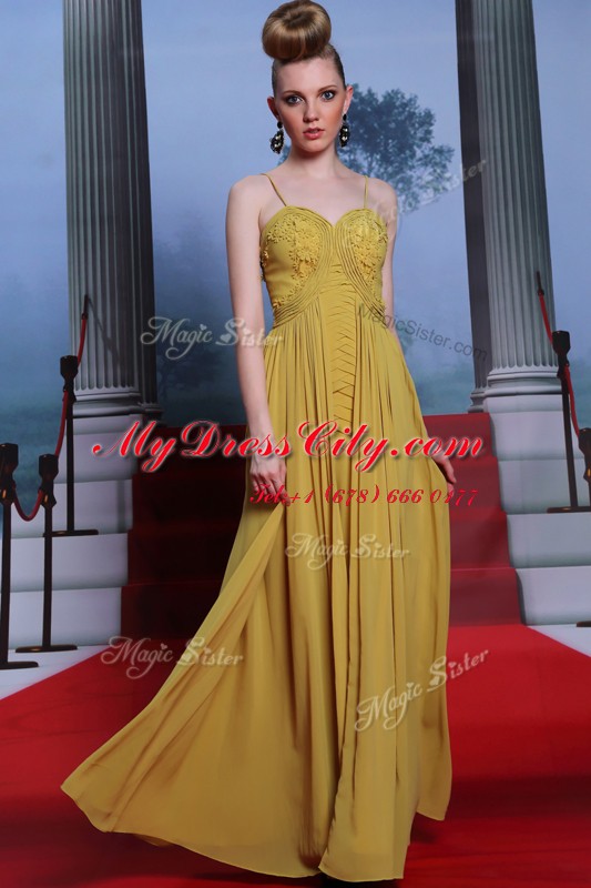 Suitable Gold Column/Sheath Appliques Dress for Prom Side Zipper Chiffon Sleeveless Floor Length