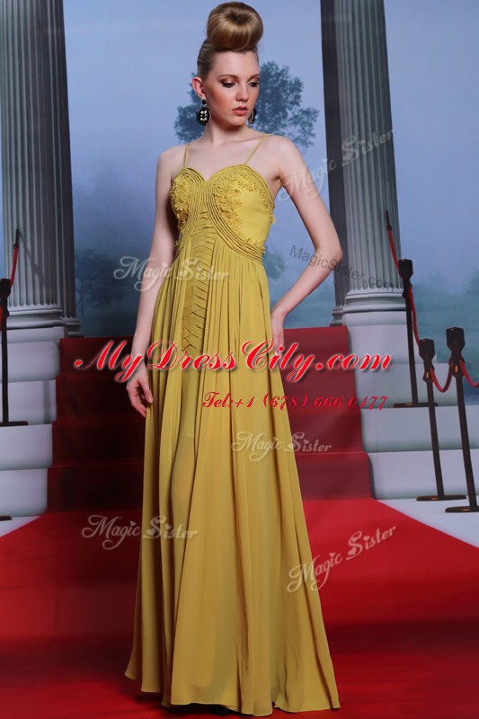 Suitable Gold Column/Sheath Appliques Dress for Prom Side Zipper Chiffon Sleeveless Floor Length