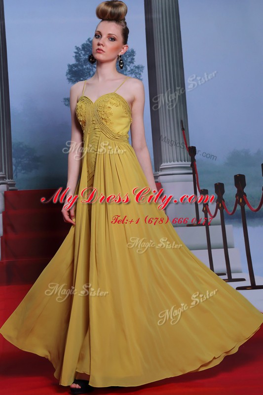 Suitable Gold Column/Sheath Appliques Dress for Prom Side Zipper Chiffon Sleeveless Floor Length