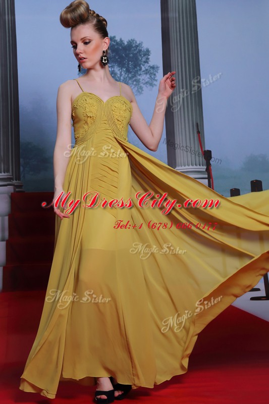 Suitable Gold Column/Sheath Appliques Dress for Prom Side Zipper Chiffon Sleeveless Floor Length