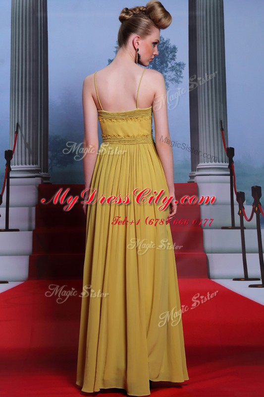 Suitable Gold Column/Sheath Appliques Dress for Prom Side Zipper Chiffon Sleeveless Floor Length