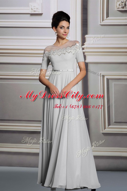 Silver Scoop Neckline Appliques and Belt Prom Party Dress Short Sleeves Zipper