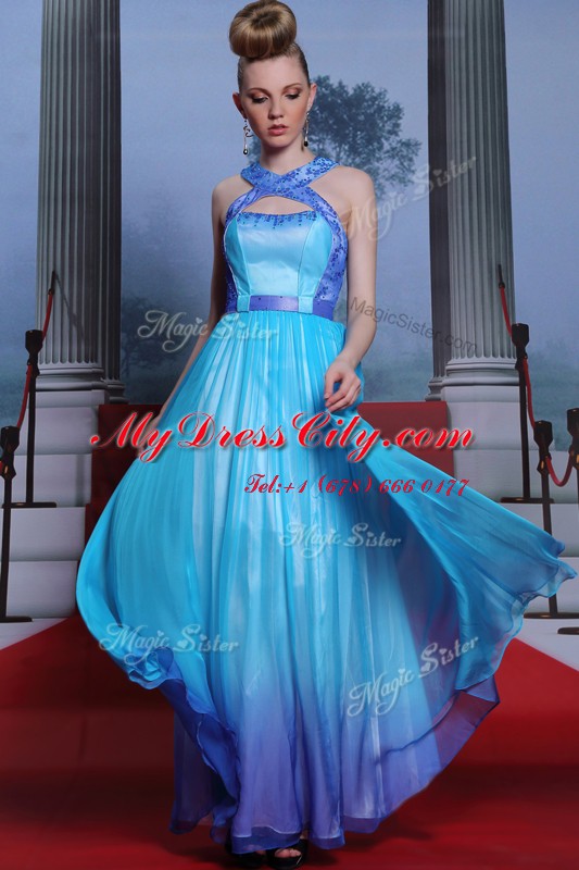 Attractive Scoop Floor Length Column/Sheath Sleeveless Blue Prom Evening Gown Zipper