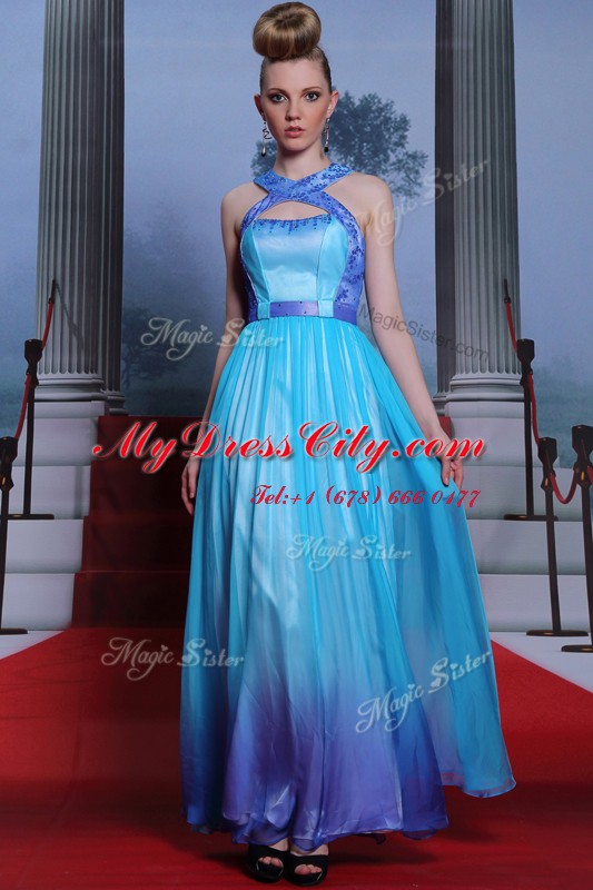 Attractive Scoop Floor Length Column/Sheath Sleeveless Blue Prom Evening Gown Zipper