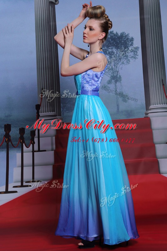 Attractive Scoop Floor Length Column/Sheath Sleeveless Blue Prom Evening Gown Zipper