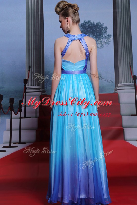 Attractive Scoop Floor Length Column/Sheath Sleeveless Blue Prom Evening Gown Zipper