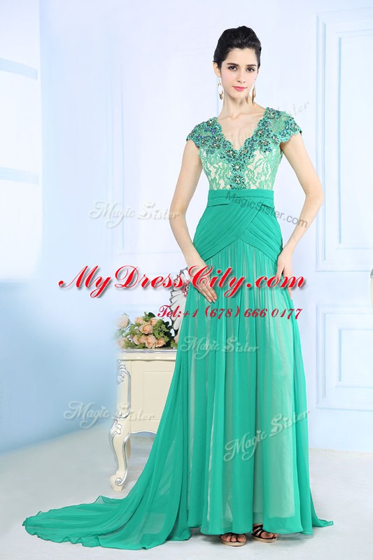 Turquoise V-neck Neckline Beading and Lace and Ruching Homecoming Dress Cap Sleeves Side Zipper