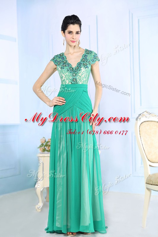 Turquoise V-neck Neckline Beading and Lace and Ruching Homecoming Dress Cap Sleeves Side Zipper