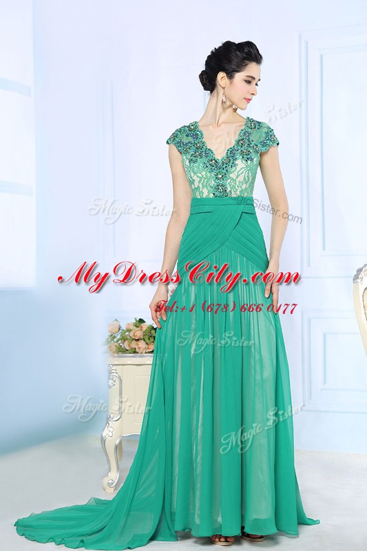 Turquoise V-neck Neckline Beading and Lace and Ruching Homecoming Dress Cap Sleeves Side Zipper