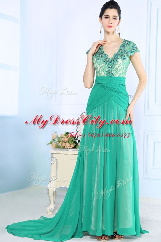 Turquoise V-neck Neckline Beading and Lace and Ruching Homecoming Dress Cap Sleeves Side Zipper