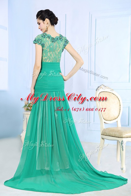 Turquoise V-neck Neckline Beading and Lace and Ruching Homecoming Dress Cap Sleeves Side Zipper