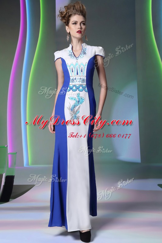 Romantic V-neck Cap Sleeves Zipper Evening Dress Blue And White Chiffon