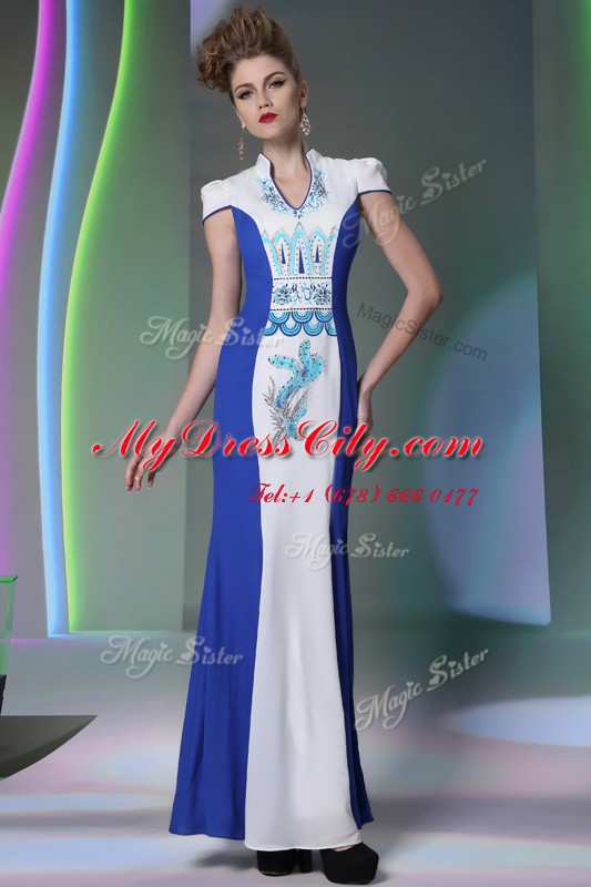 Romantic V-neck Cap Sleeves Zipper Evening Dress Blue And White Chiffon