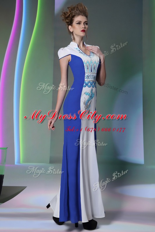 Romantic V-neck Cap Sleeves Zipper Evening Dress Blue And White Chiffon