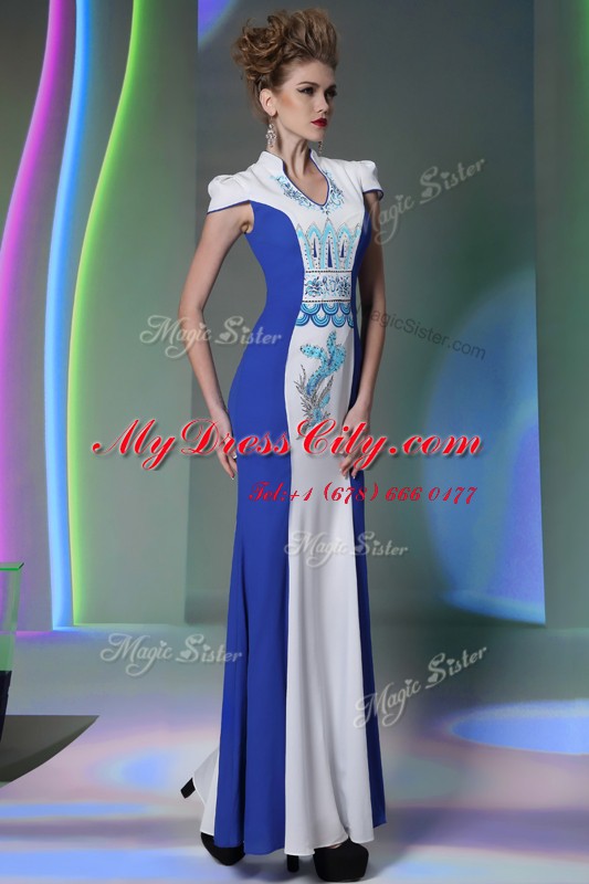 Romantic V-neck Cap Sleeves Zipper Evening Dress Blue And White Chiffon