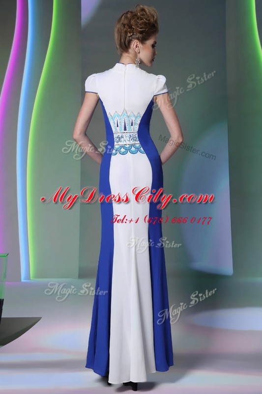 Romantic V-neck Cap Sleeves Zipper Evening Dress Blue And White Chiffon