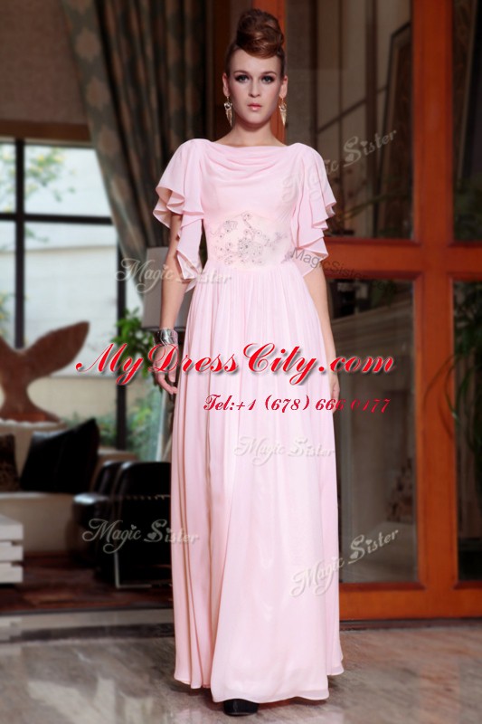 High Class Ankle Length Side Zipper Prom Party Dress Pink for Prom and Party with Beading and Ruching