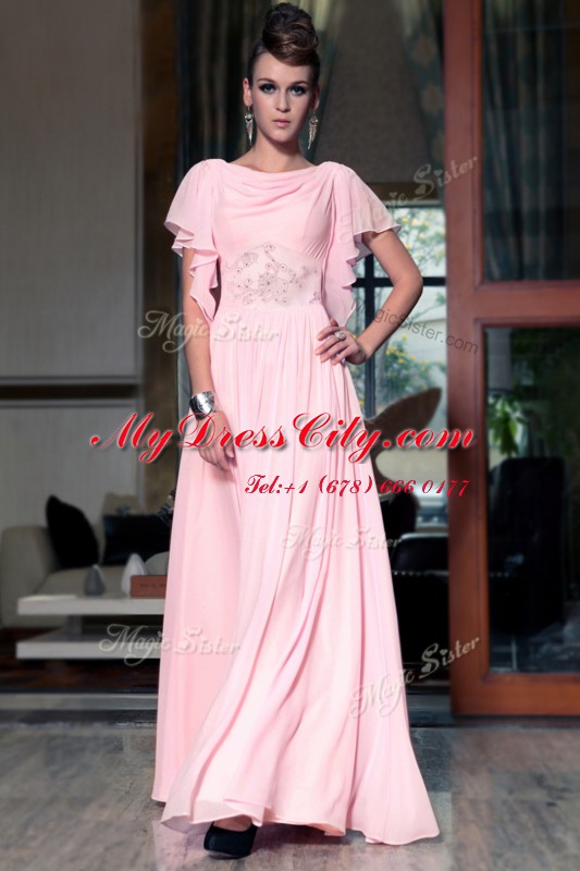 High Class Ankle Length Side Zipper Prom Party Dress Pink for Prom and Party with Beading and Ruching