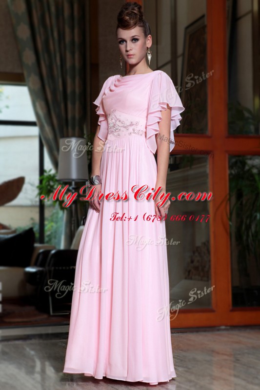 High Class Ankle Length Side Zipper Prom Party Dress Pink for Prom and Party with Beading and Ruching