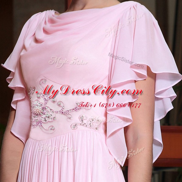 High Class Ankle Length Side Zipper Prom Party Dress Pink for Prom and Party with Beading and Ruching