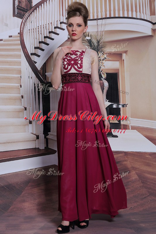 Sleeveless Floor Length Beading and Appliques Side Zipper Prom Gown with Burgundy