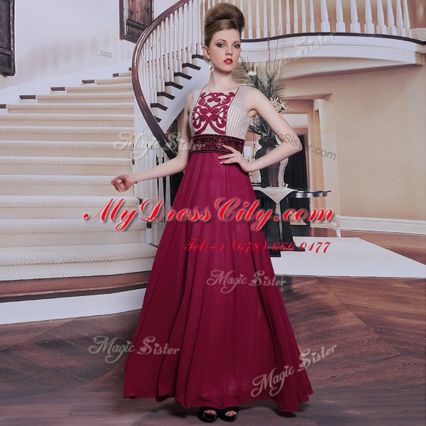 Sleeveless Floor Length Beading and Appliques Side Zipper Prom Gown with Burgundy